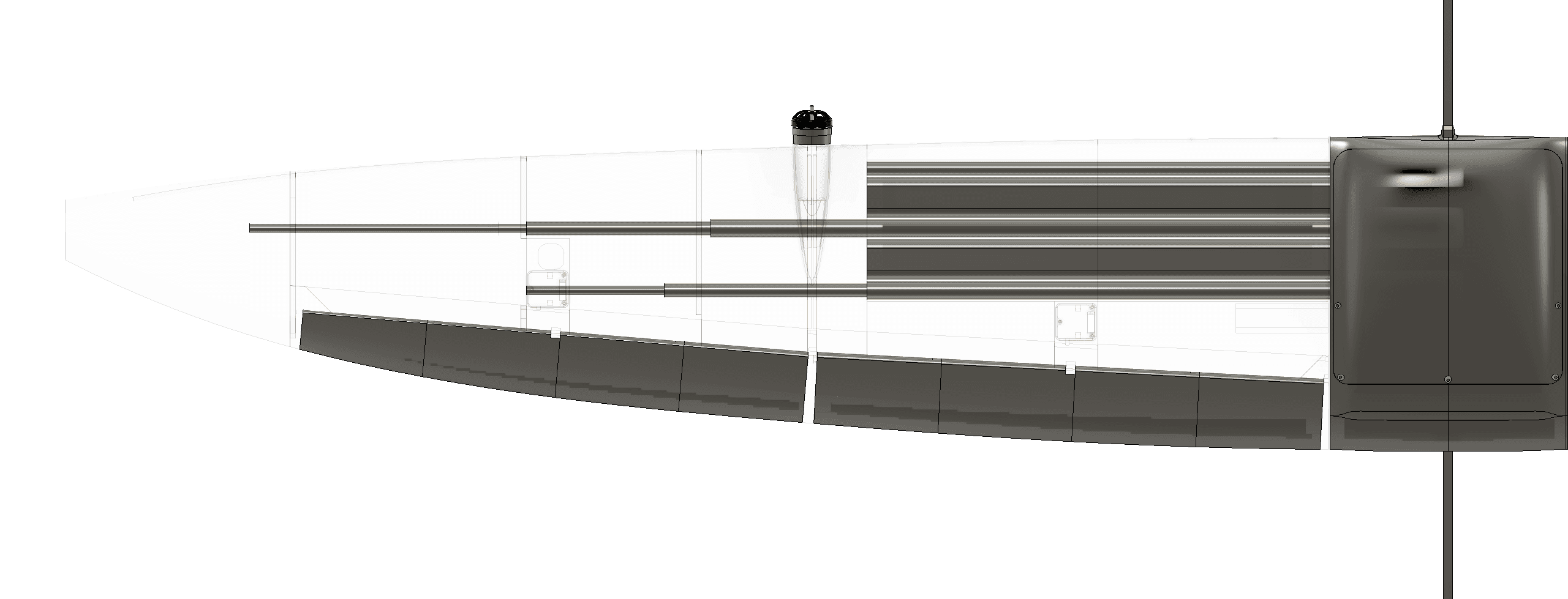 A see-through view of the carbon spars and battery stacks