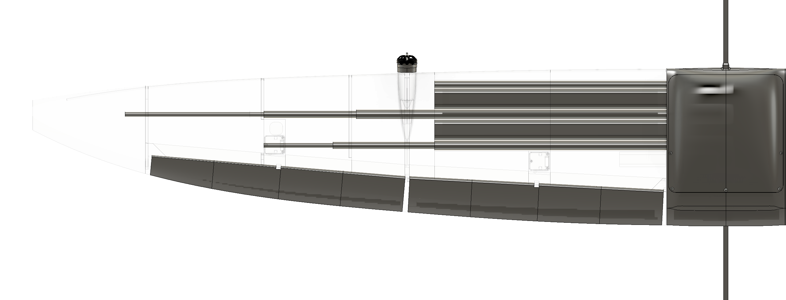 A see-through view of the carbon spars and battery stacks